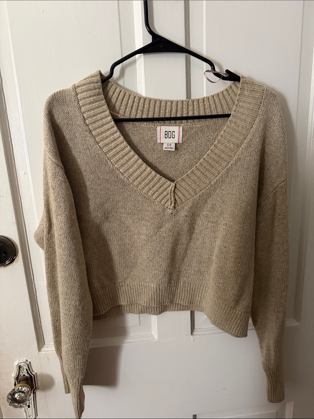 BDG/ Urban Outfitters Cropped V-Neck Sweater in Neutral Beige